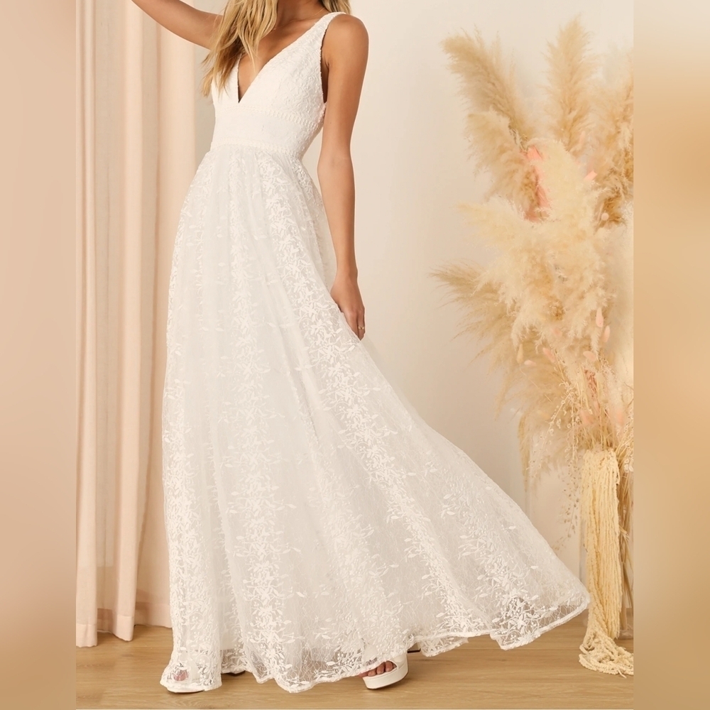 Lulu's White Lace V-Neck Wedding Gown